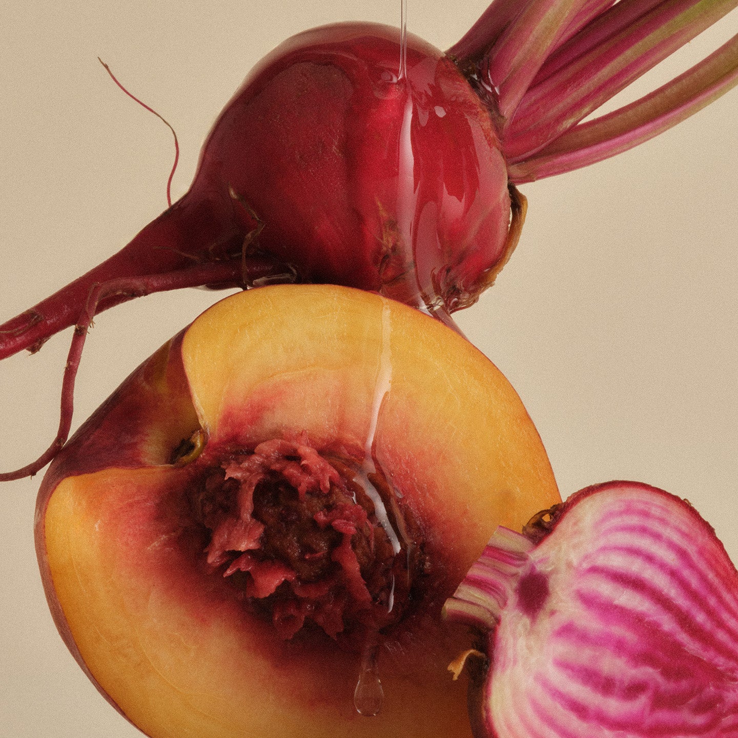 Apricot and beet ingredient collage for The Take a Sec Cleanser